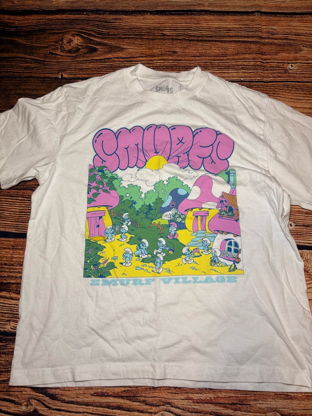 Smurf Village Graphic Tee - White - Vintage Cartoon Short Sleeve